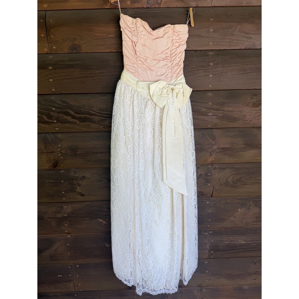Gunne Sax Jessica McClintock Sz 11 Peach White Lace Dress VTG 80s Prom Formal